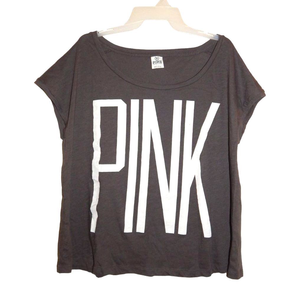 PINK Victoria's Secret Women's Scoop Neck Graphic Tee - Charcoal/White